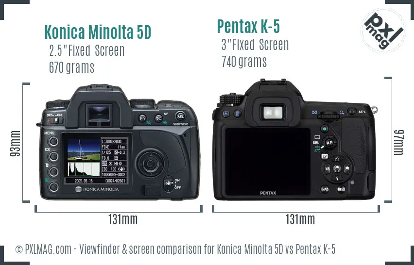 Konica Minolta 5D vs Pentax K-5 Screen and Viewfinder comparison