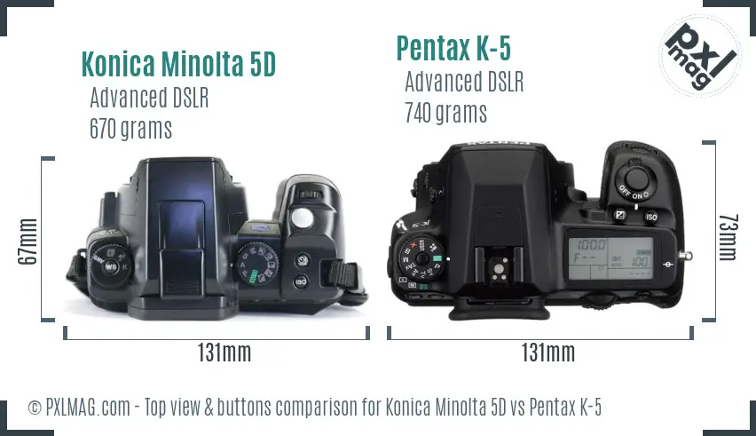 Konica Minolta 5D vs Pentax K-5 top view buttons comparison