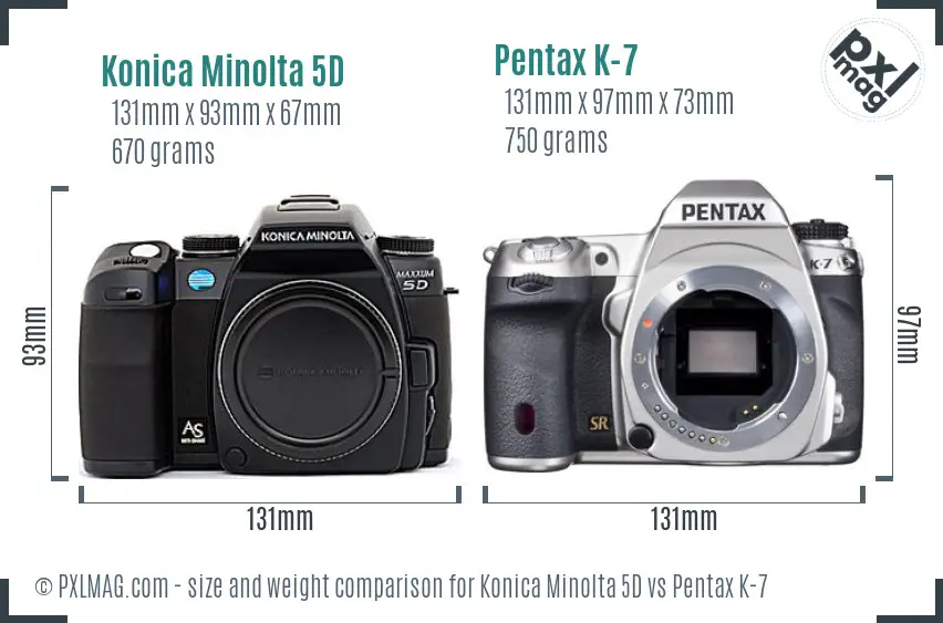 Konica Minolta 5D vs Pentax K-7 size comparison