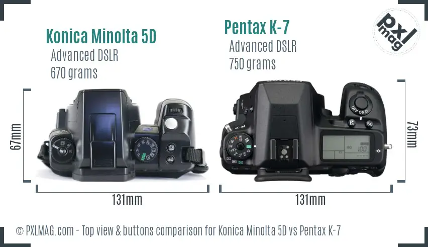 Konica Minolta 5D vs Pentax K-7 top view buttons comparison