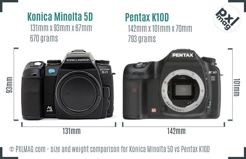 Konica Minolta 5D vs Pentax K10D size comparison