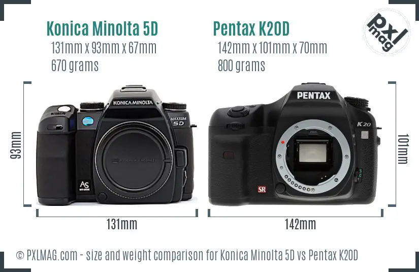 Konica Minolta 5D vs Pentax K20D size comparison