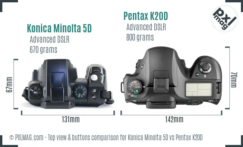Konica Minolta 5D vs Pentax K20D top view buttons comparison