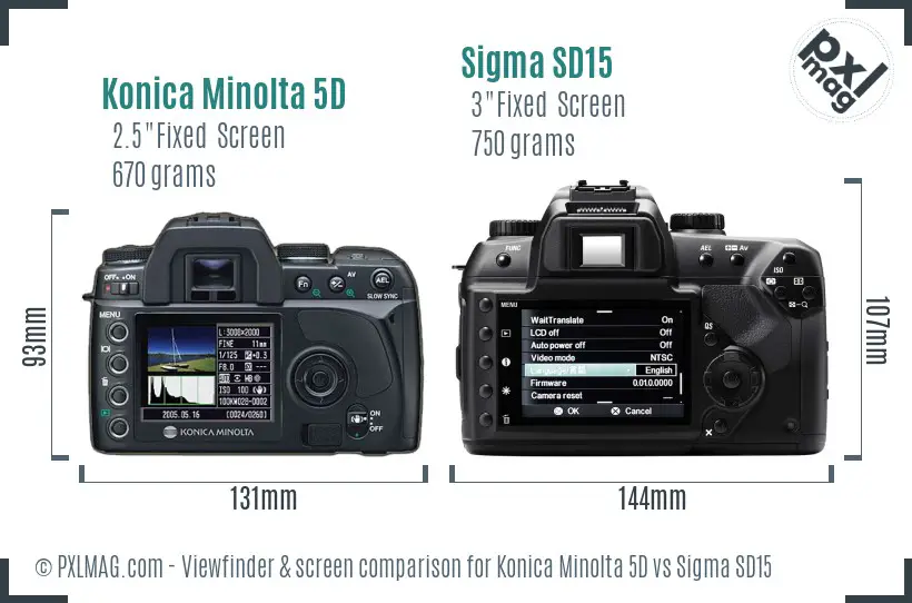 Konica Minolta 5D vs Sigma SD15 Screen and Viewfinder comparison