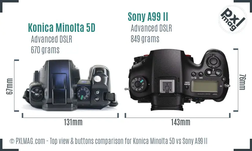 Konica Minolta 5D vs Sony A99 II top view buttons comparison