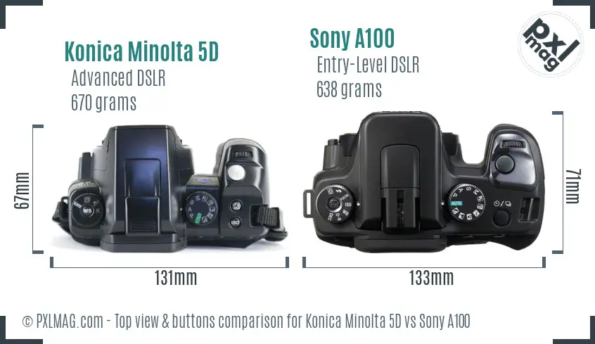 Konica Minolta 5D vs Sony A100 top view buttons comparison