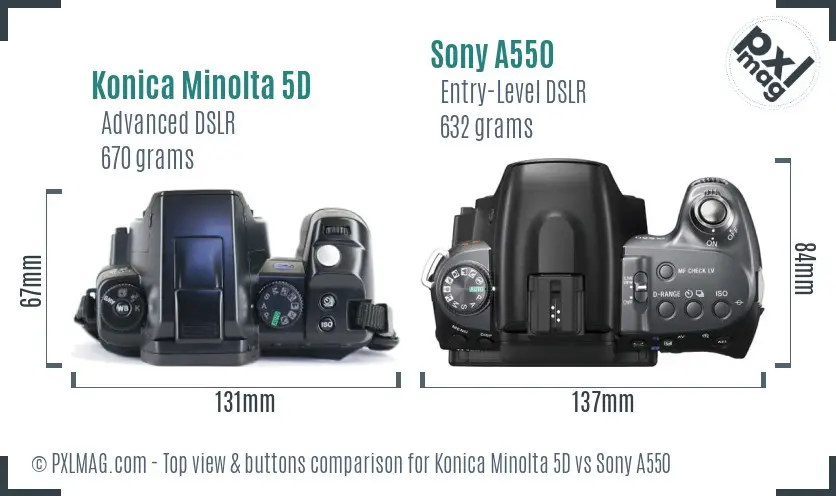 Konica Minolta 5D vs Sony A550 top view buttons comparison