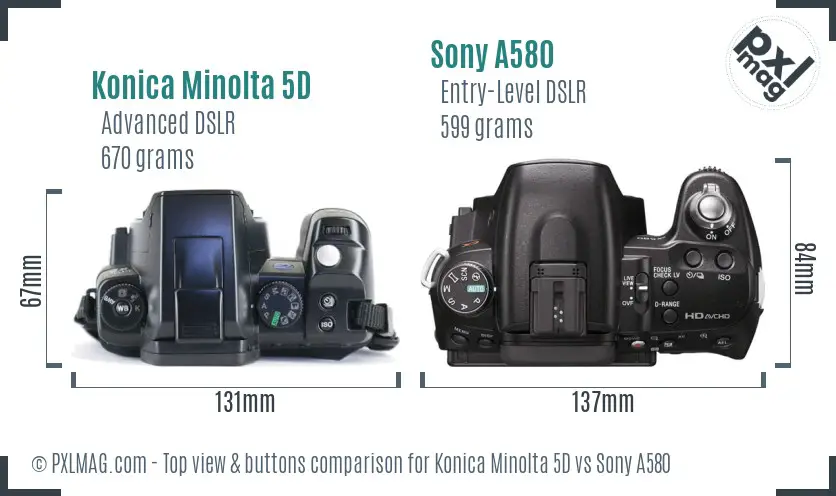 Konica Minolta 5D vs Sony A580 top view buttons comparison