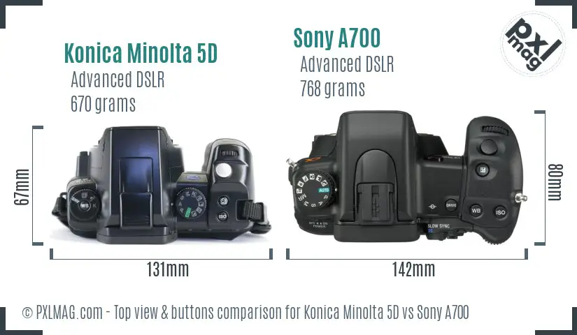 Konica Minolta 5D vs Sony A700 top view buttons comparison