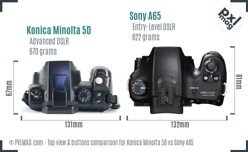 Konica Minolta 5D vs Sony A65 top view buttons comparison