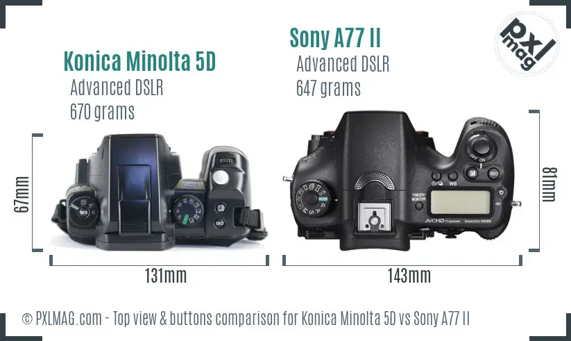 Konica Minolta 5D vs Sony A77 II top view buttons comparison