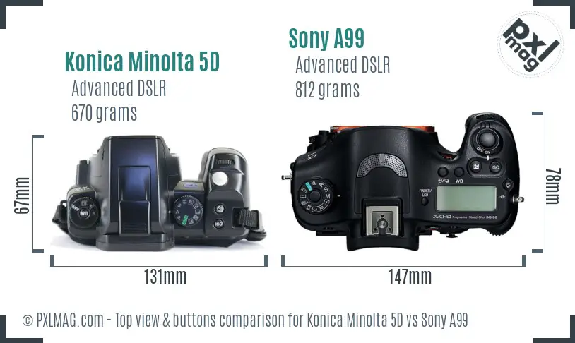 Konica Minolta 5D vs Sony A99 top view buttons comparison Konica Minolta 5D vs Sony A99 top view buttons comparison