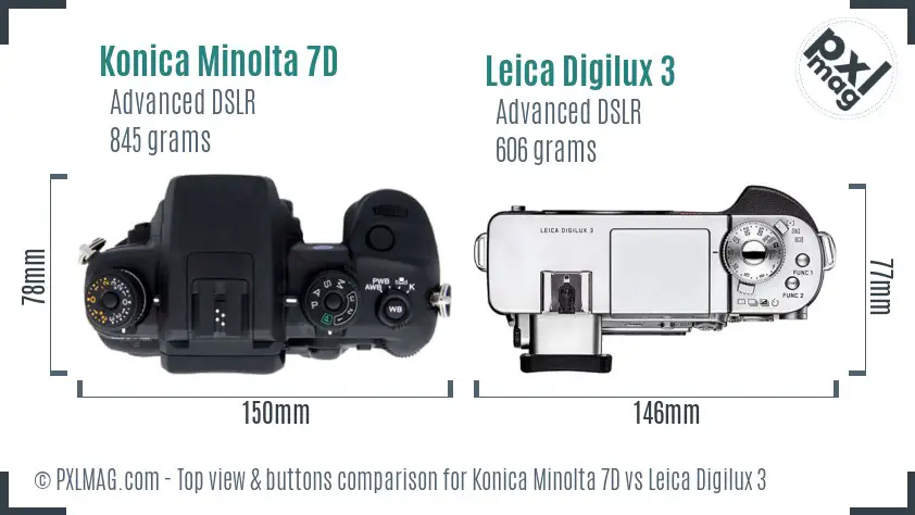 Konica Minolta 7D vs Leica Digilux 3 top view buttons comparison