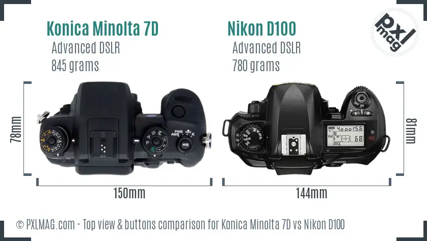 Konica Minolta 7D vs Nikon D100 top view buttons comparison