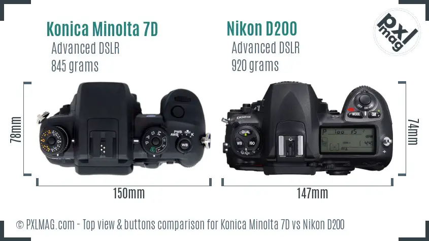 Konica Minolta 7D vs Nikon D200 top view buttons comparison Konica Minolta 7D vs Nikon D200 top view buttons comparison
