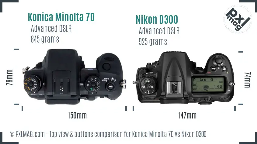 Konica Minolta 7D vs Nikon D300 top view buttons comparison