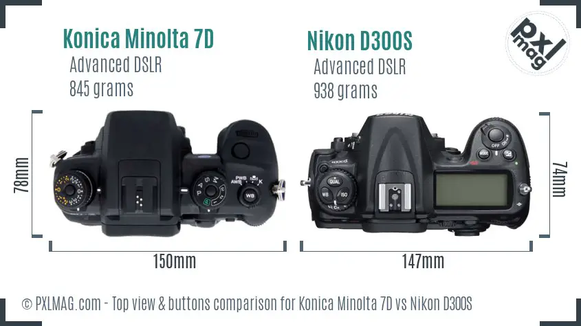 Konica Minolta 7D vs Nikon D300S top view buttons comparison