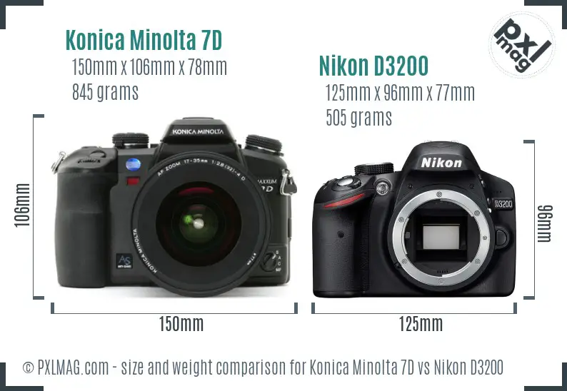 Konica Minolta 7D vs Nikon D3200 size comparison