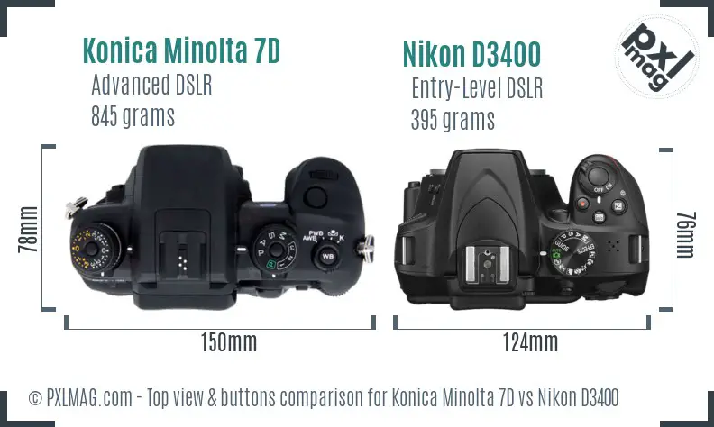 Konica Minolta 7D vs Nikon D3400 top view buttons comparison Konica Minolta 7D vs Nikon D3400 top view buttons comparison