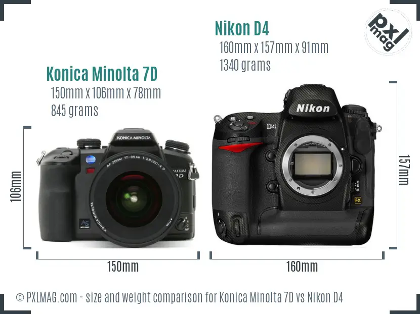 Konica Minolta 7D vs Nikon D4 size comparison