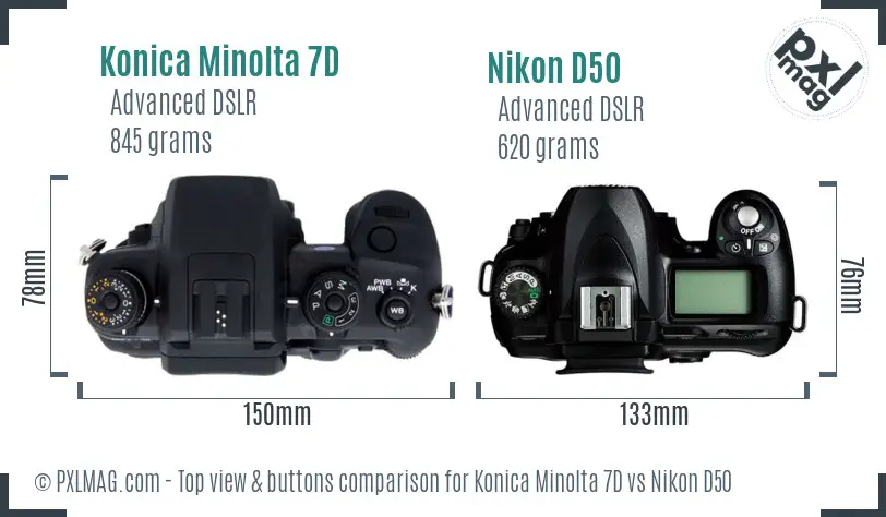 Konica Minolta 7D vs Nikon D50 top view buttons comparison