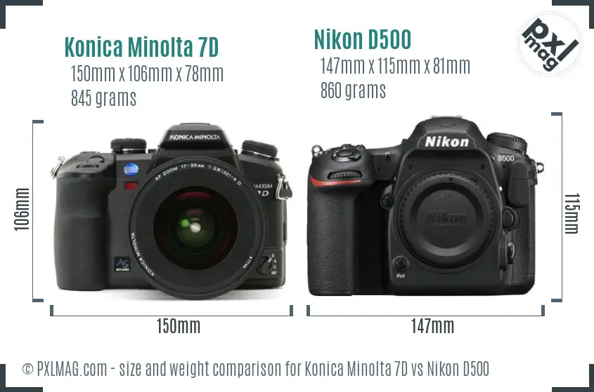 Konica Minolta 7D vs Nikon D500 size comparison