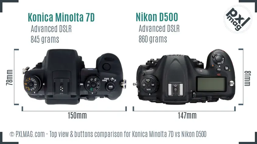 Konica Minolta 7D vs Nikon D500 top view buttons comparison