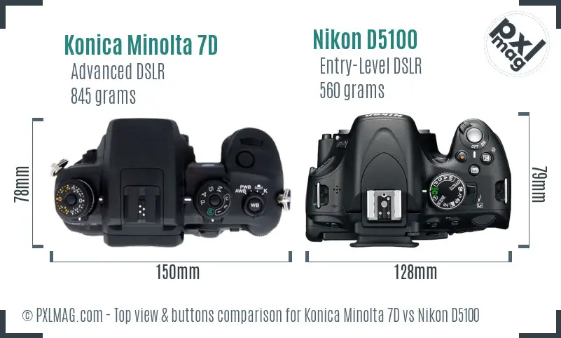 Konica Minolta 7D vs Nikon D5100 top view buttons comparison