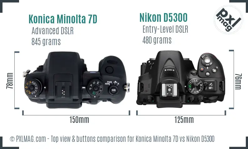 Konica Minolta 7D vs Nikon D5300 top view buttons comparison