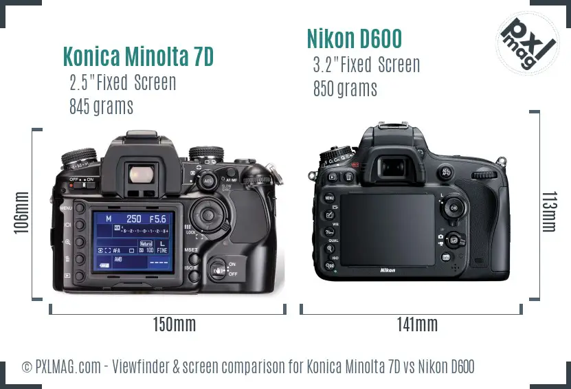 Konica Minolta 7D vs Nikon D600 Screen and Viewfinder comparison Konica Minolta 7D vs Nikon D600 Screen and Viewfinder comparison