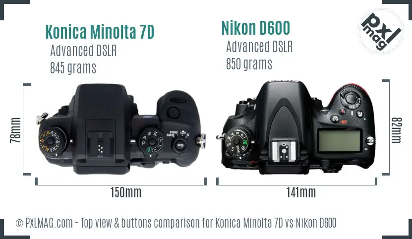 Konica Minolta 7D vs Nikon D600 top view buttons comparison Konica Minolta 7D vs Nikon D600 top view buttons comparison