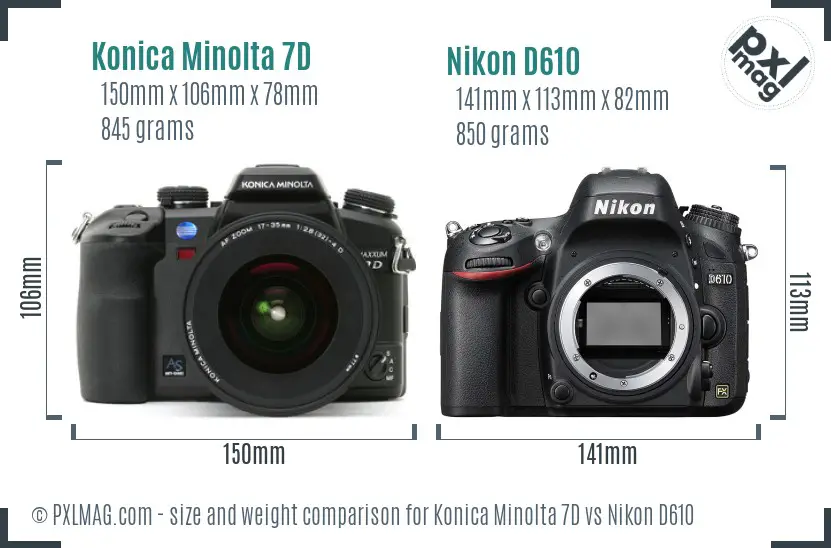 Konica Minolta 7D vs Nikon D610 size comparison