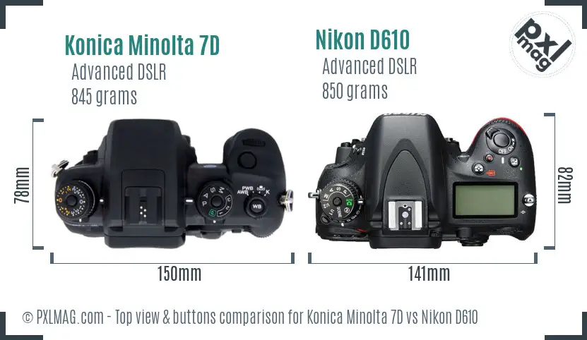 Konica Minolta 7D vs Nikon D610 top view buttons comparison