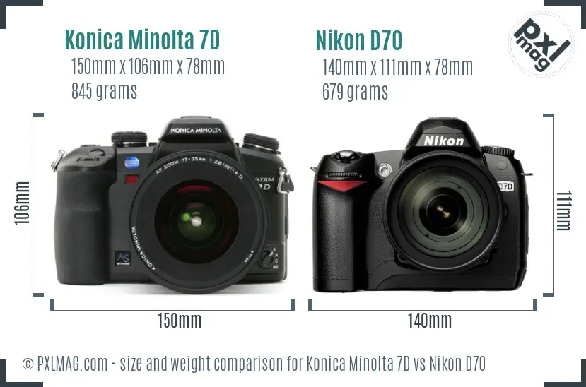 Konica Minolta 7D vs Nikon D70 size comparison