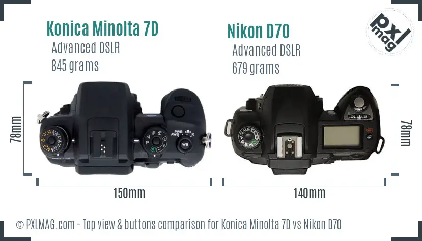 Konica Minolta 7D vs Nikon D70 top view buttons comparison