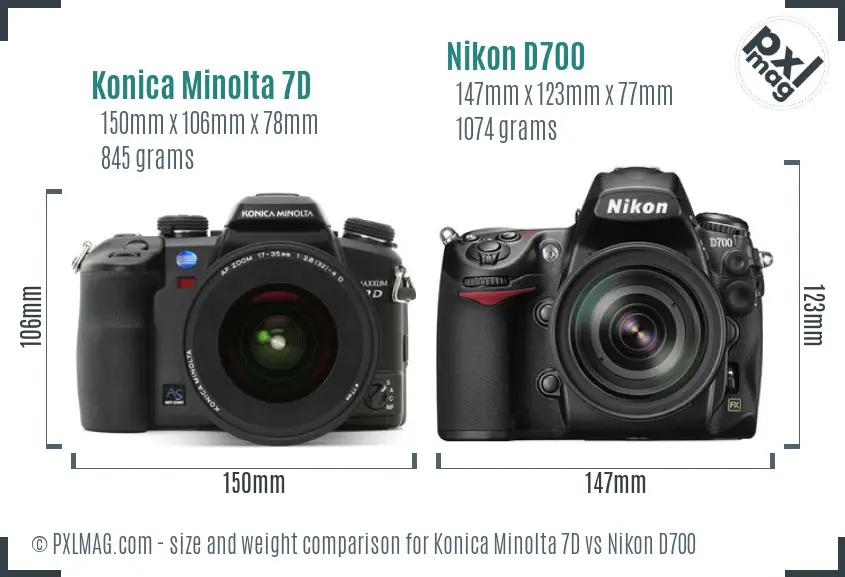 Konica Minolta 7D vs Nikon D700 size comparison