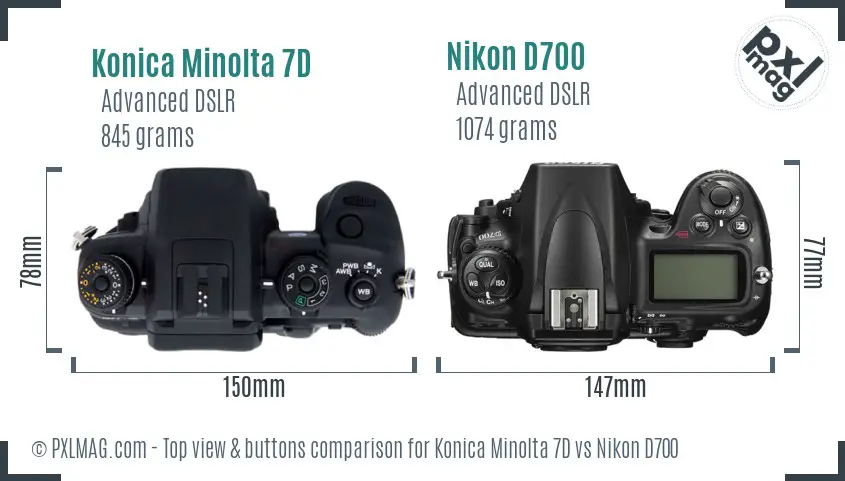 Konica Minolta 7D vs Nikon D700 top view buttons comparison