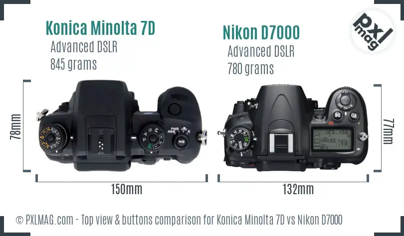 Konica Minolta 7D vs Nikon D7000 top view buttons comparison
