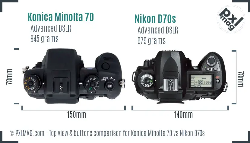 Konica Minolta 7D vs Nikon D70s top view buttons comparison