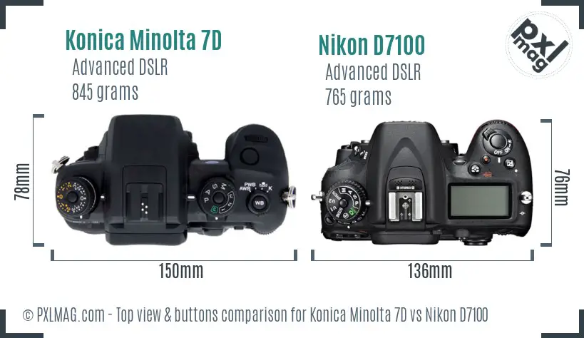 Konica Minolta 7D vs Nikon D7100 top view buttons comparison