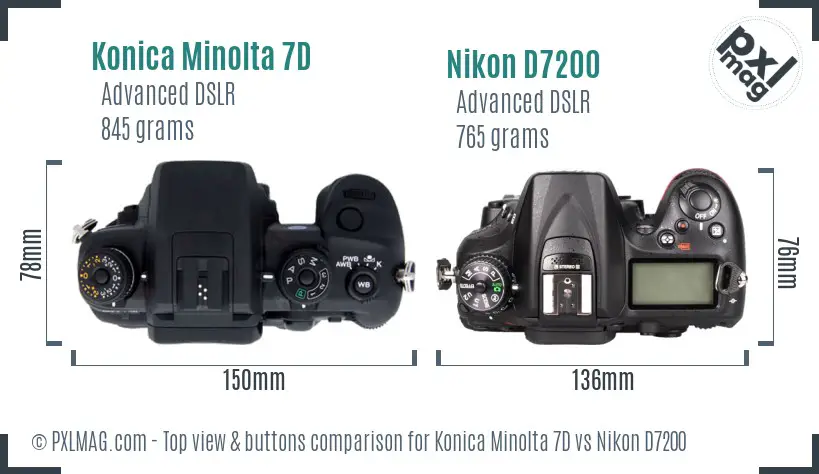 Konica Minolta 7D vs Nikon D7200 top view buttons comparison