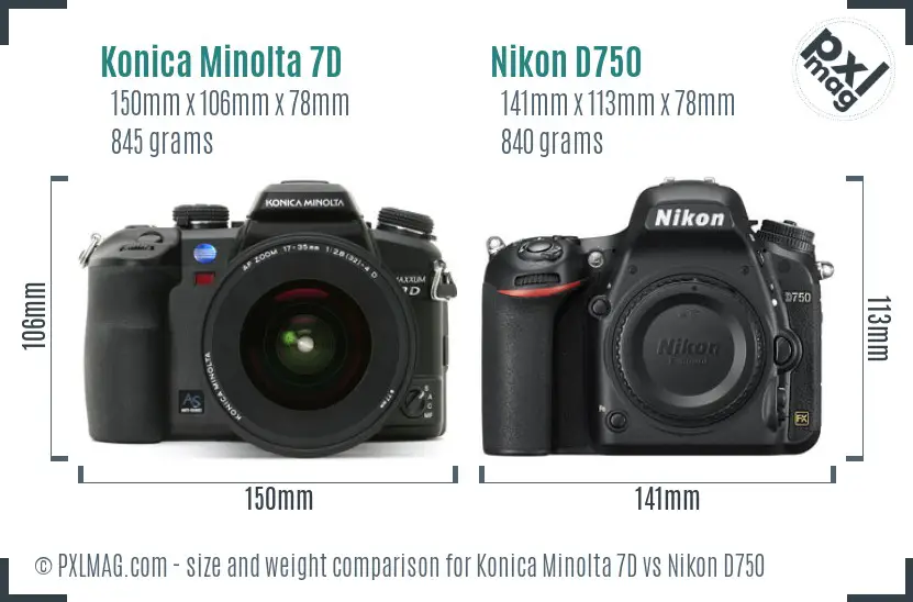Konica Minolta 7D vs Nikon D750 size comparison