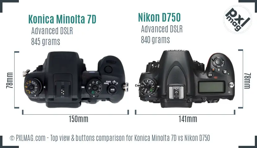 Konica Minolta 7D vs Nikon D750 top view buttons comparison