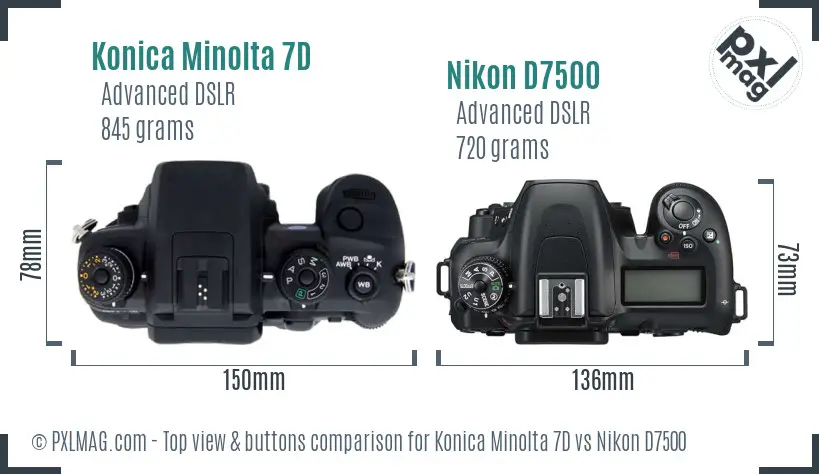 Konica Minolta 7D vs Nikon D7500 top view buttons comparison