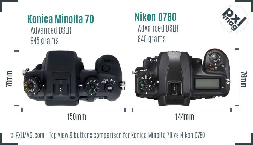 Konica Minolta 7D vs Nikon D780 top view buttons comparison
