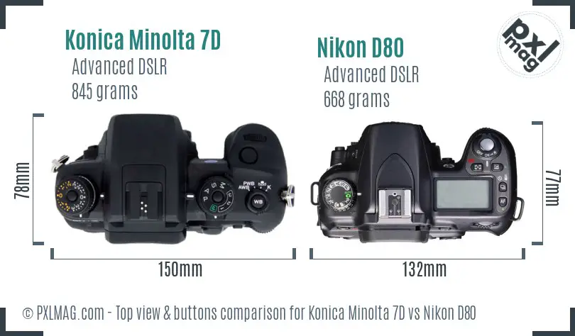 Konica Minolta 7D vs Nikon D80 top view buttons comparison