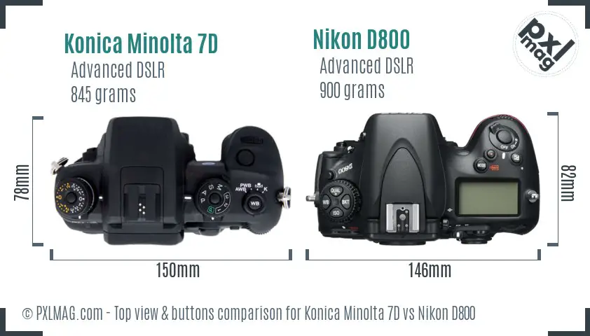Konica Minolta 7D vs Nikon D800 top view buttons comparison