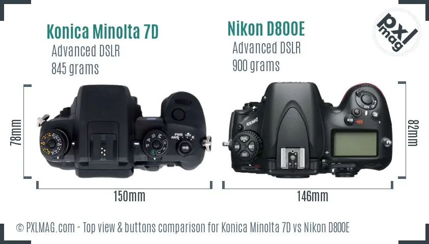 Konica Minolta 7D vs Nikon D800E top view buttons comparison