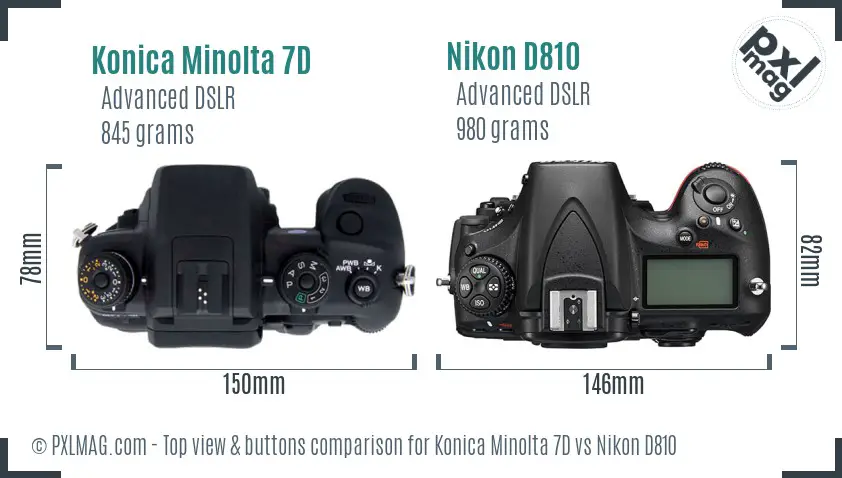 Konica Minolta 7D vs Nikon D810 top view buttons comparison