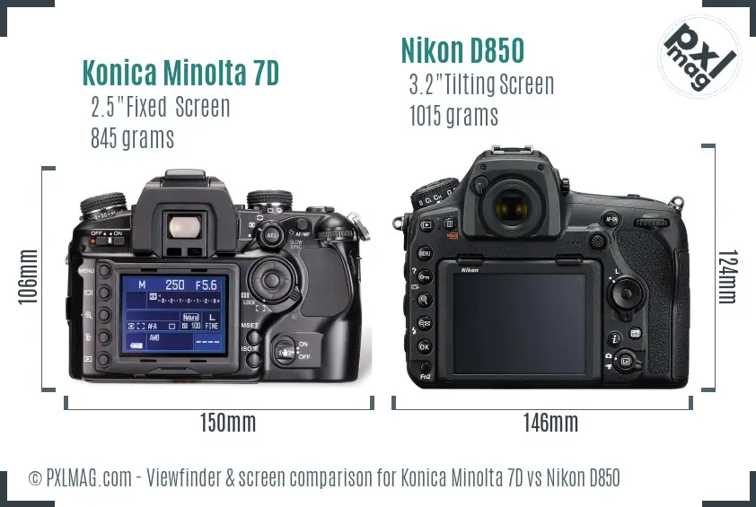 Konica Minolta 7D vs Nikon D850 Screen and Viewfinder comparison